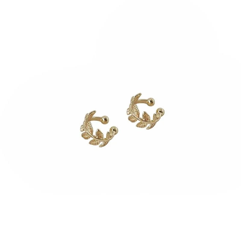 Non Pierced Real Gold Plated Copper Leaf Ear Clip Drop Earrings Korean Minimalist Style