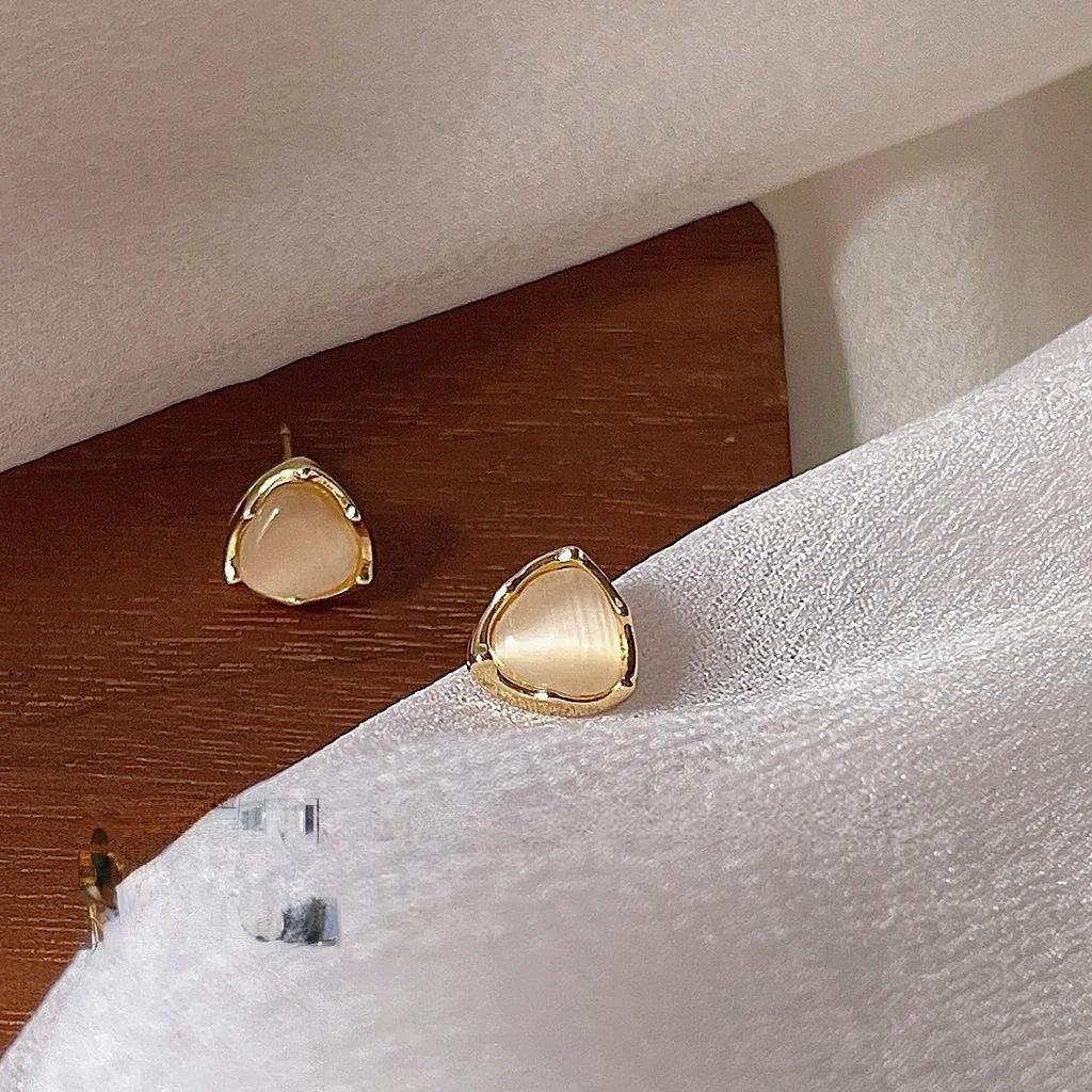 14K Gold Plated Copper Triangle Glass Cat Eye Stud Earrings With Silver Plated Posts
