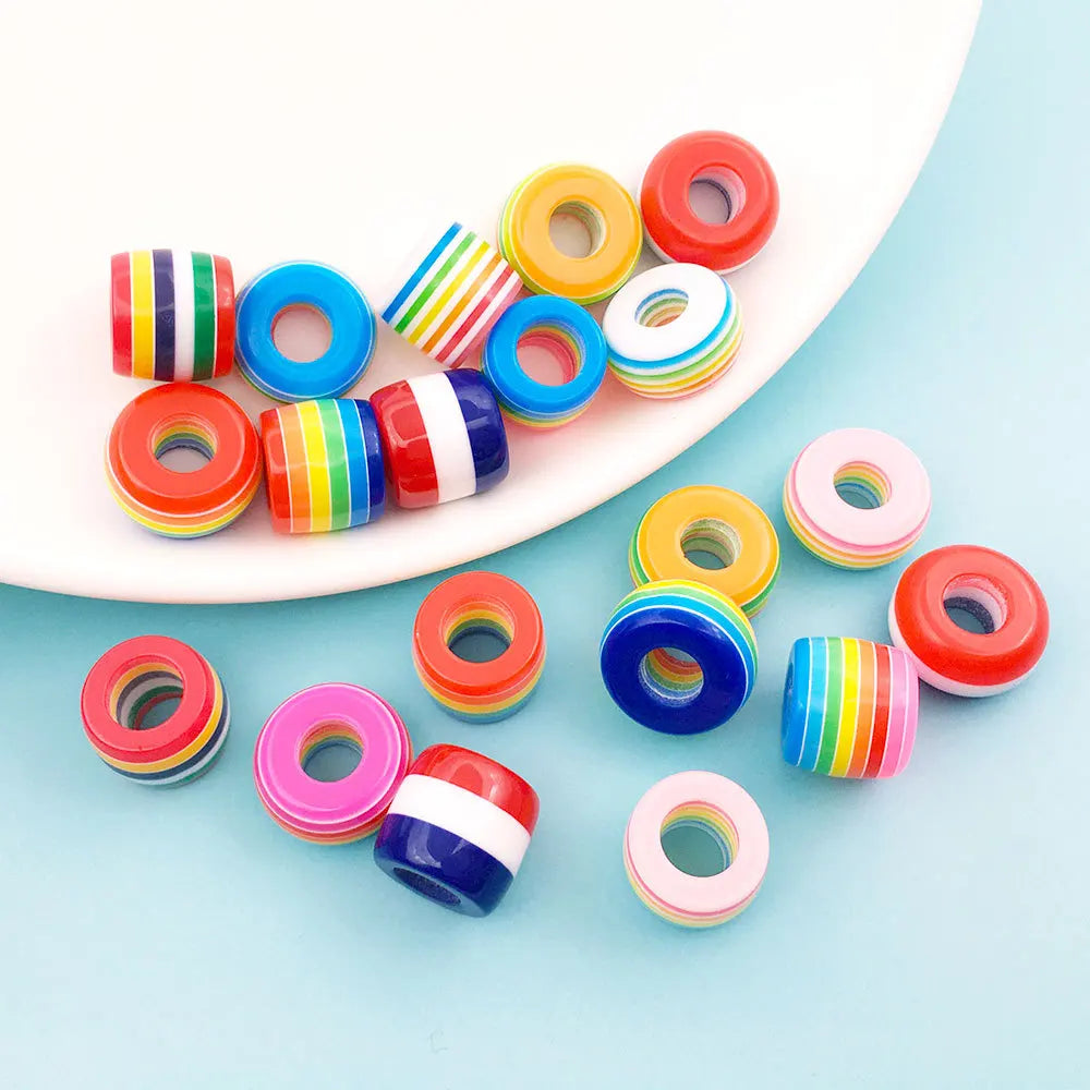 Acrylic Striped Barrel Large Hole Spacer Round Ball Beads 8x14mm for DIY Rainbow Bracelet