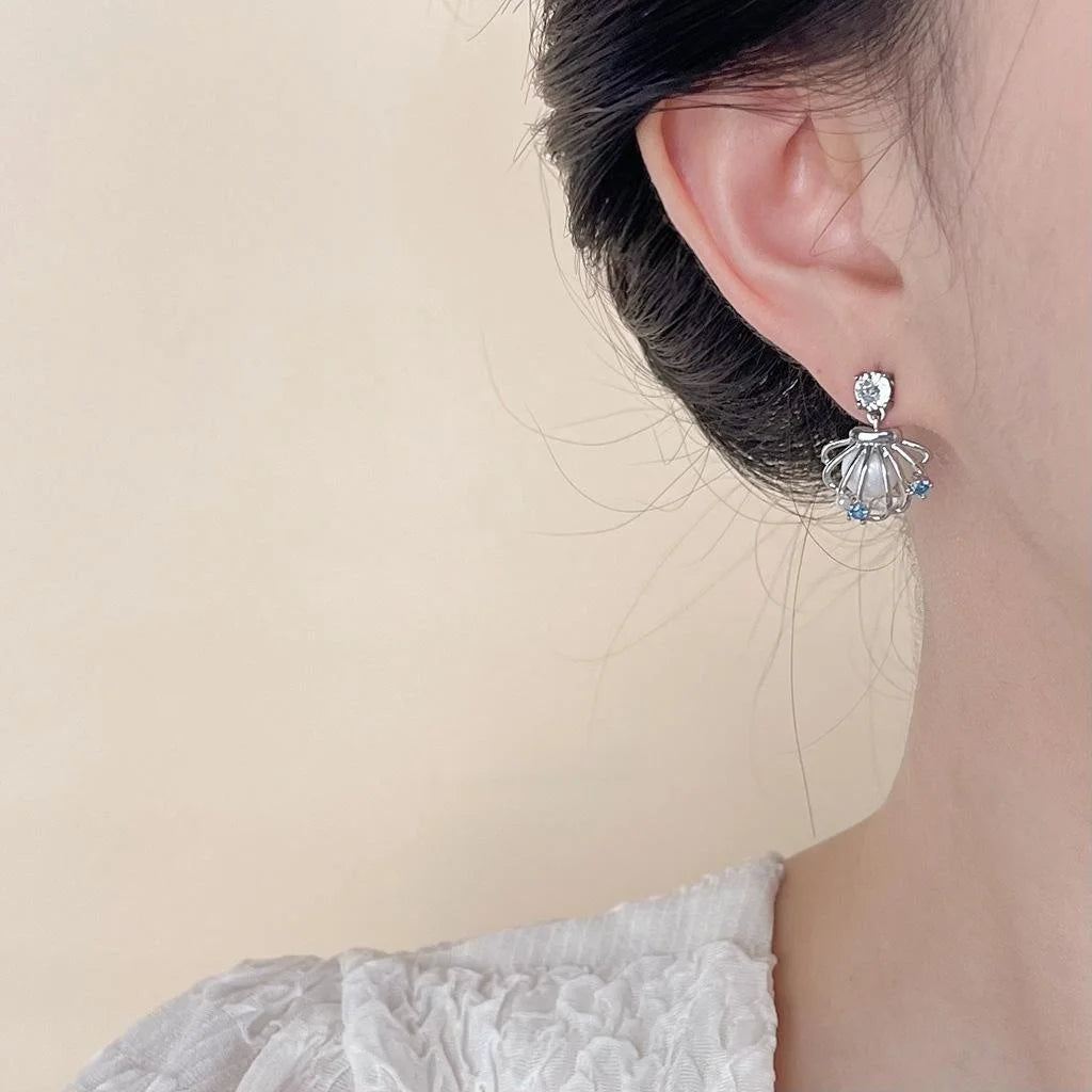 Sweet Hollow Shell Pearl Stud Earrings Copper Zircon Geometric Fresh Style Jewelry