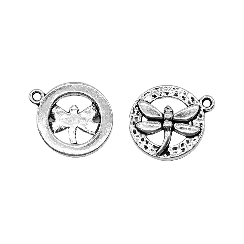 14x17mm 1.3g Antique Silver Zinc Alloy Round Dragonfly Tag Charm Pendant for DIY Jewelry Making
