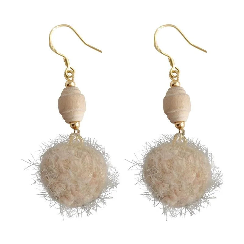 High-End Sweet Winter Plush Pom Pom Copper Drop Earrings With Wooden Round Geometric Design
