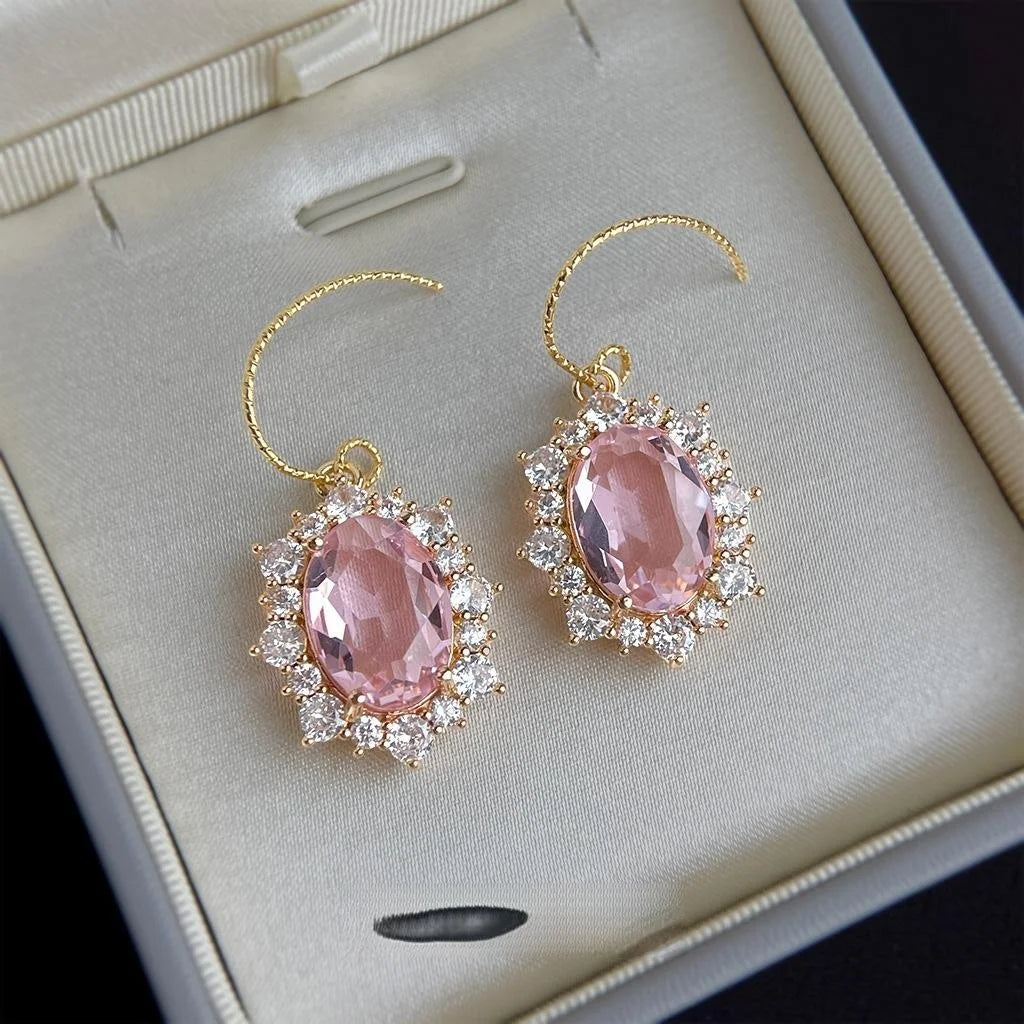 French Light Luxury Micro Pave Zircon Oval Pink Gemstone Drop Earrings For Women