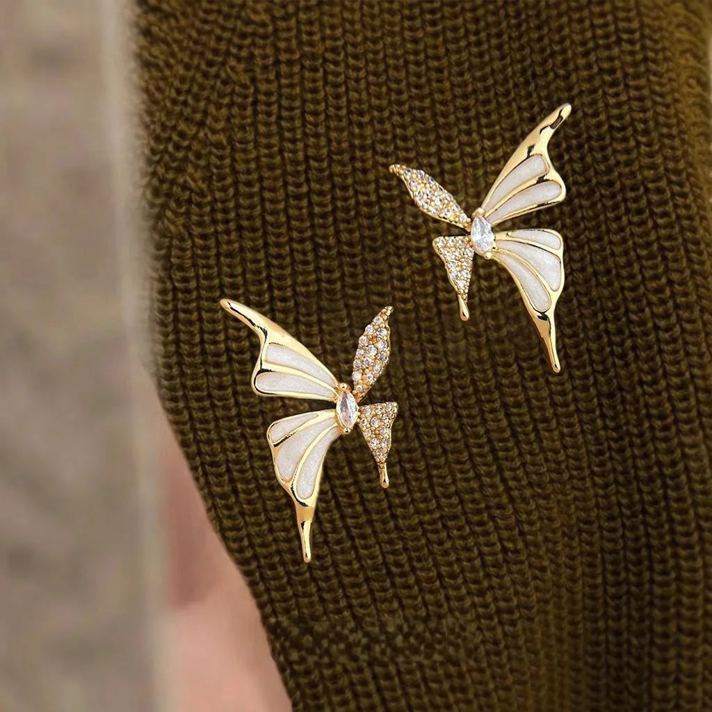 Elegant French Copper Micro Pave Zircon Liquid Butterfly Stud Earrings Light Luxury Jewelry