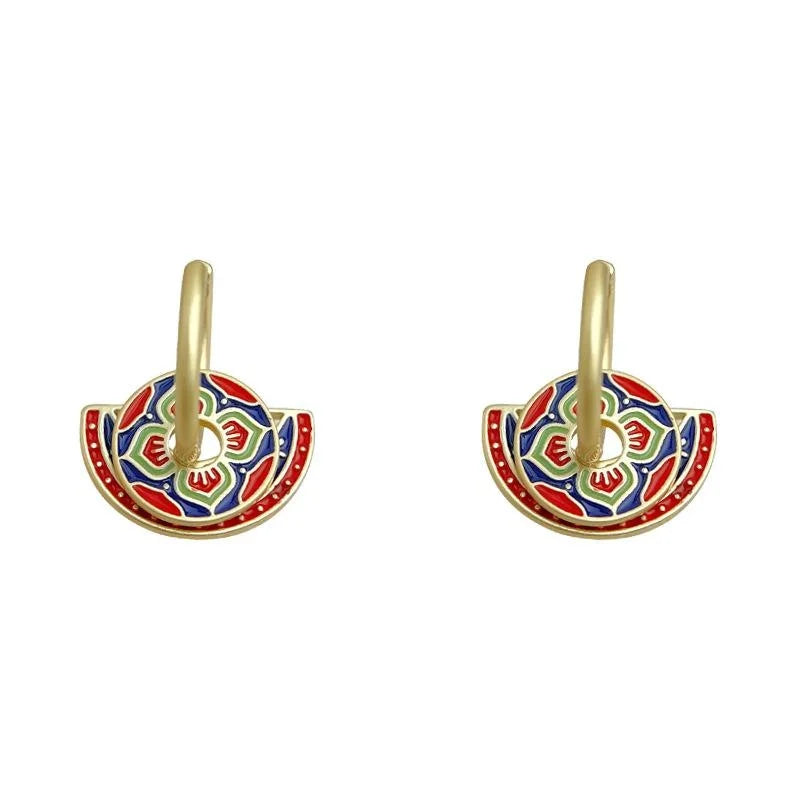 Vintage Ethnic Copper Handmade Painted Enamel Lotus Geometric Drop Earrings