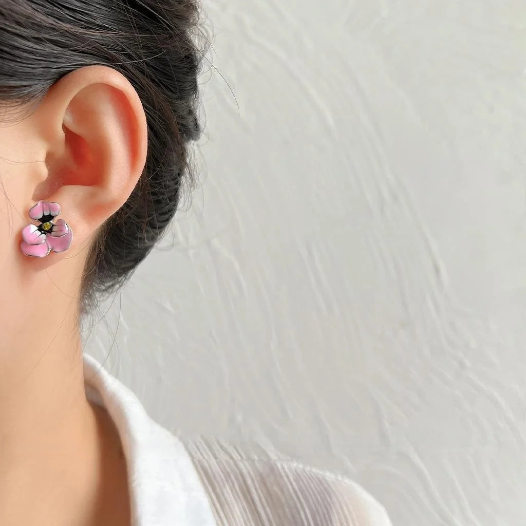 Copper Enamel Glazed Flower Stud Earrings With Silver Plated Pins Korean Japanese Vintage Style