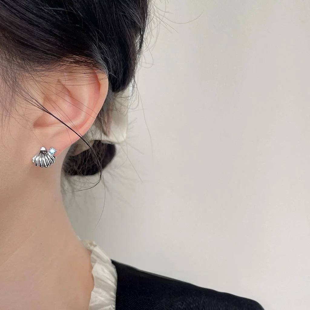 Ocean Series Asymmetric Copper Stud Earrings Micro Pave Zircon Starfish Shell Sweet Fashion Jewelry