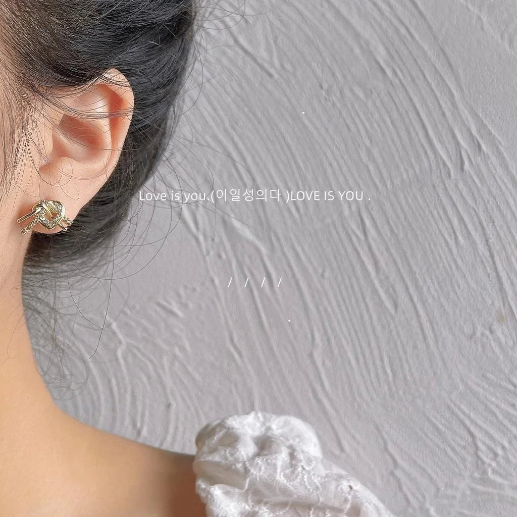 French Vintage Copper Heart Knot Stud Earrings With Micro Pave Zircon Sweet Mini Jewelry