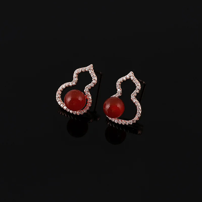 Luxury Red Agate Gourd Shape Zircon Alloy Stud & Clip On No Piercing Women's Earrings