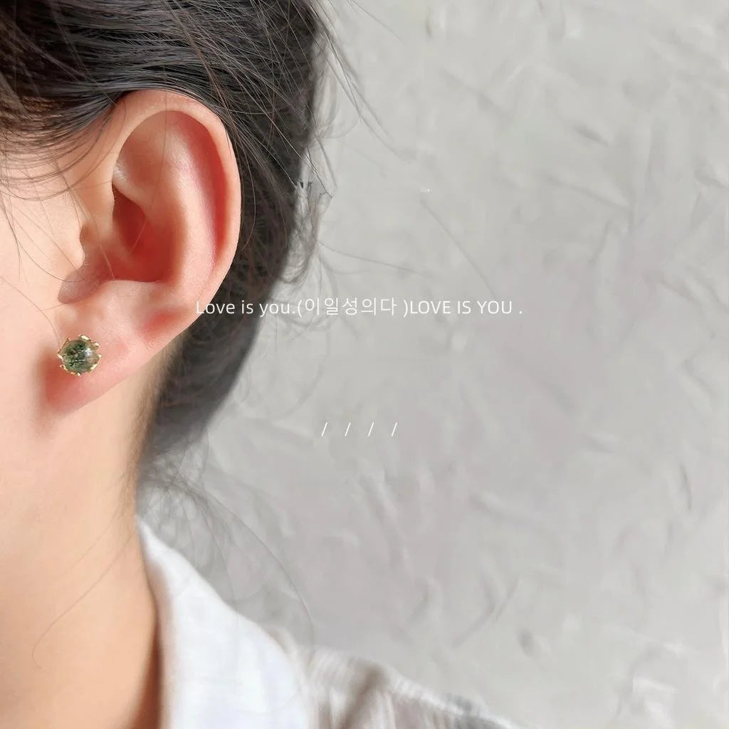 Natural Stone Green Phantom Round Stud Earrings 14K Plated Mini Fresh Style