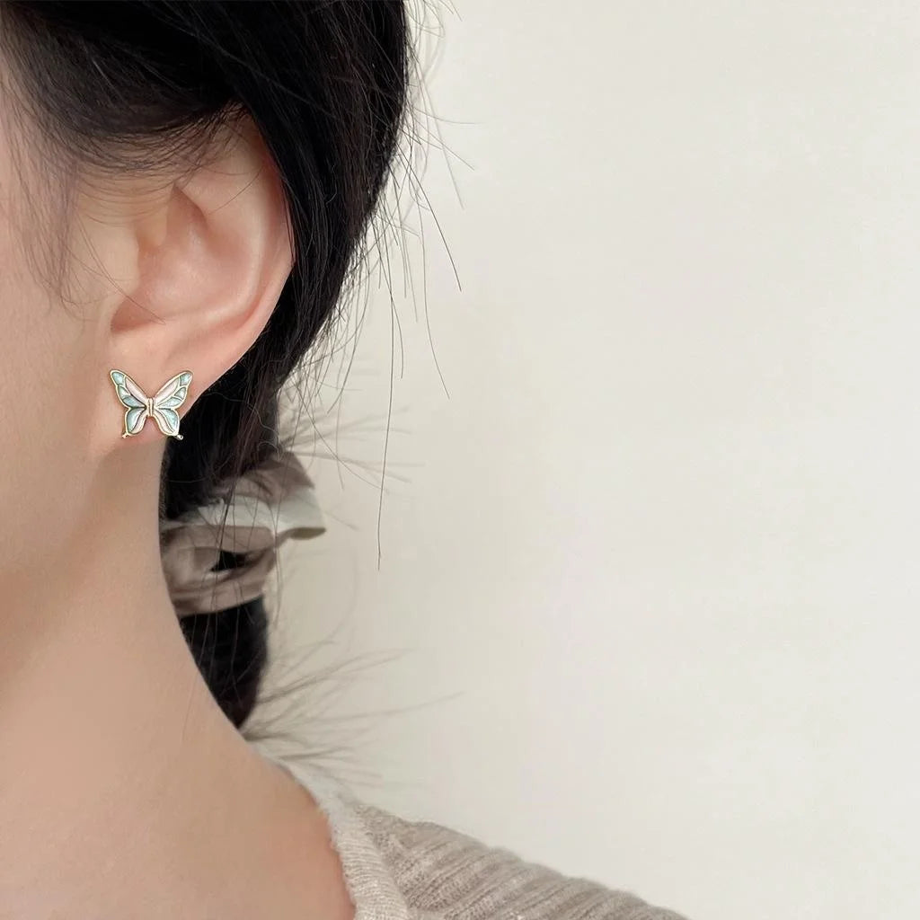 14K Gold Plated Copper Enamel Butterfly Stud Earrings Sweet Forest Style Jewelry For Women