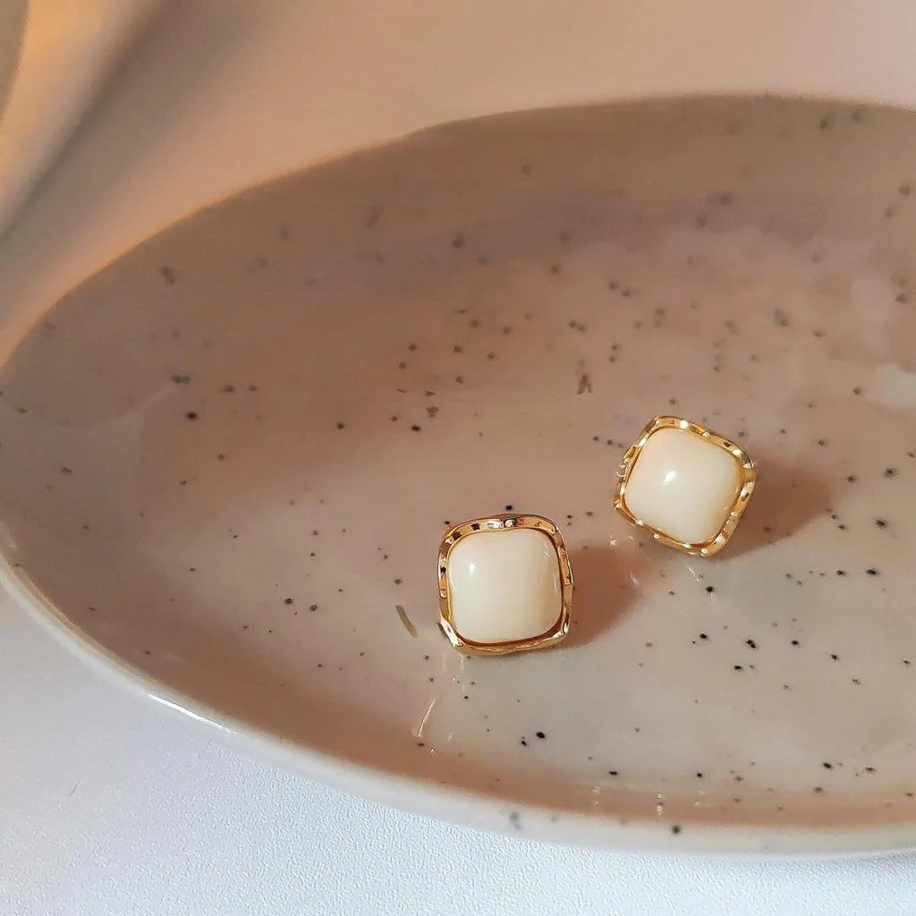 Caramel Milk White 14K Plated Copper Square Stud Earrings For Women Minimalist Sweet Jewelry