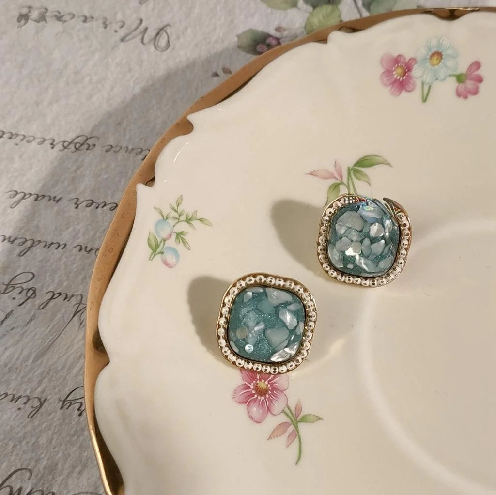 Vintage Green Geometric Square Crushed Shell Copper 14K Gold Plated Stud Earrings For Women