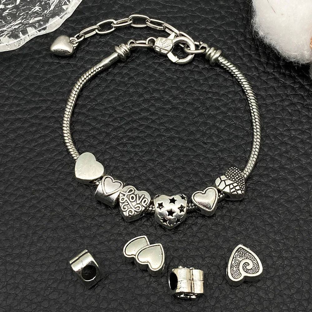 Antique Silver Zinc Alloy Heart Love Large Hole Loose Metal Beads for DIY Bracelet Jewelry