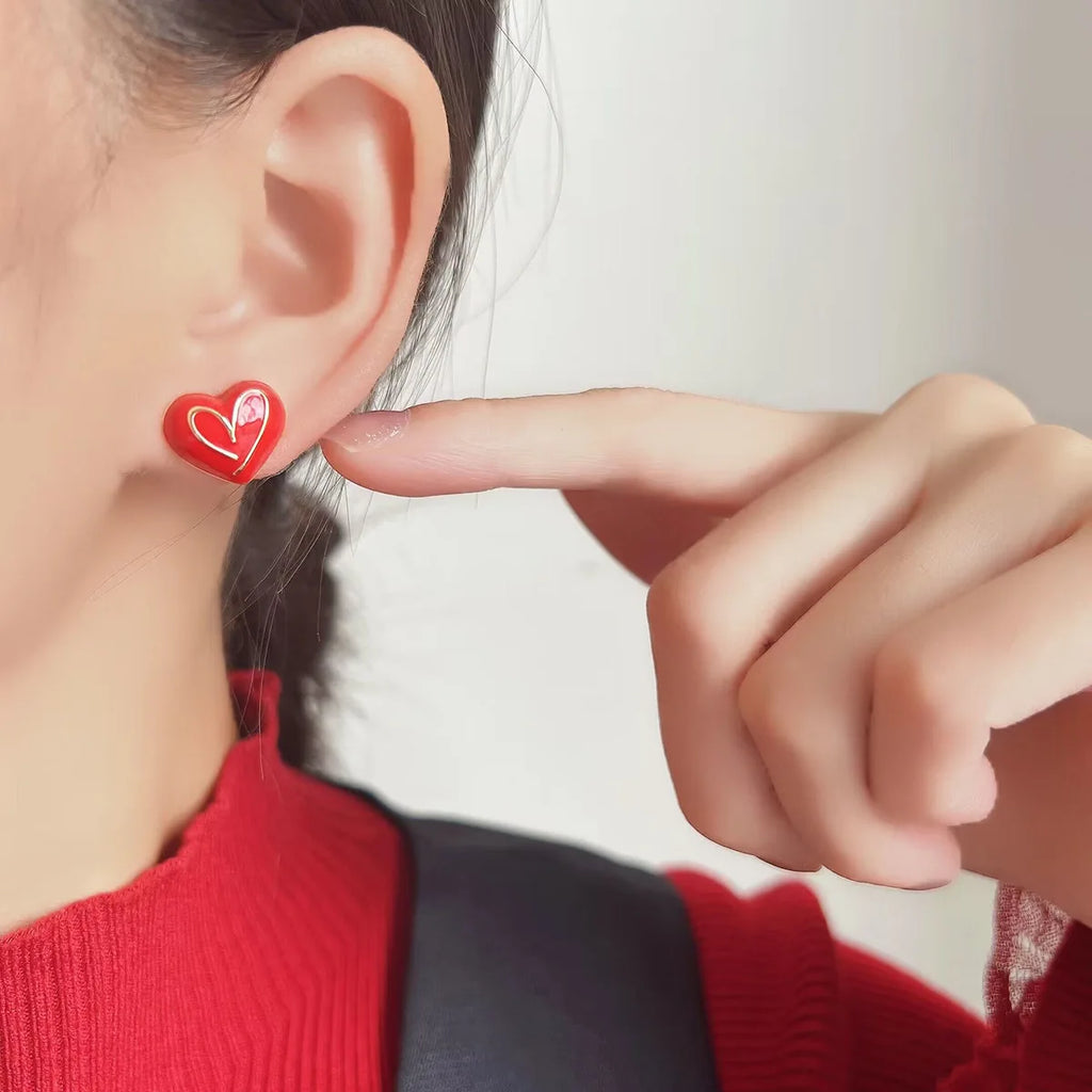 Red Enamel Love Heart Asymmetric Alloy Stud & Clip On No Piercing New Year Fashion Earrings