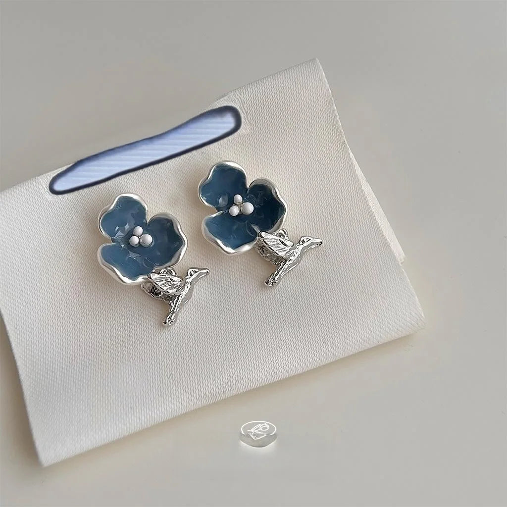 Premium Copper Enamel Flower Bird Stud Earrings Forest Style Hong Kong Fashion Jewelry