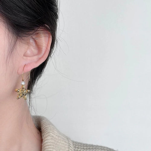 18K Thick Plated Copper Star Freshwater Pearl Drop Earrings Light Luxury French Style