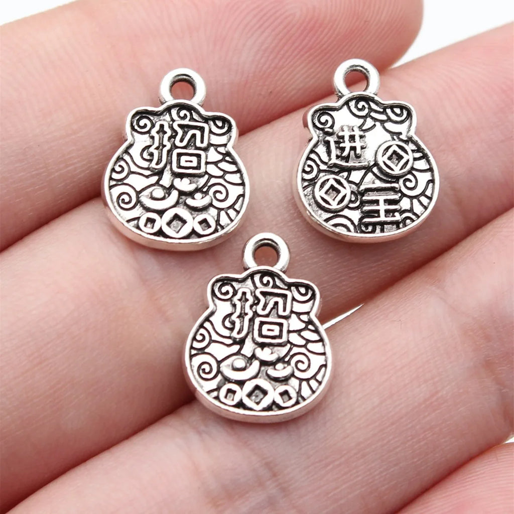 15x12mm 1g Antique Silver Zinc Alloy Fortune Bag Double Sided Charm Pendant for Necklace Bracelet DIY