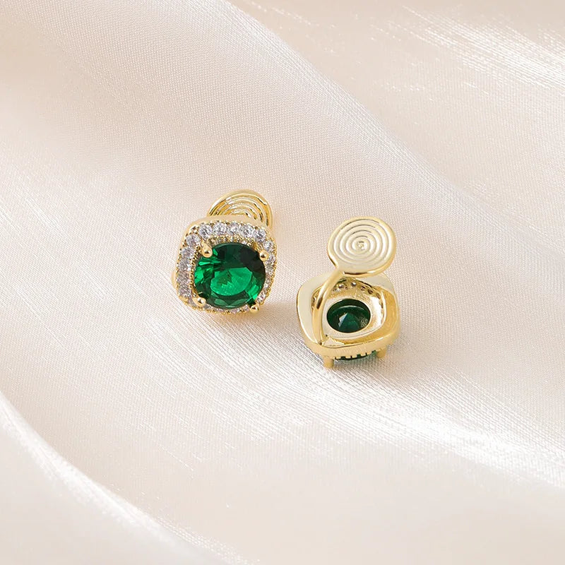 Elegant Luxury Emerald Green Oval Zircon Rhinestone Halo Geometric Stud & Clip On No Piercing Alloy Earrings