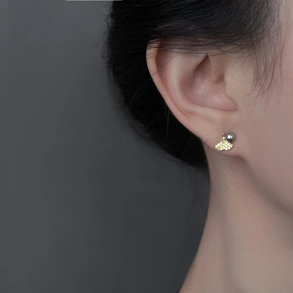 Light Luxury Mini Ginkgo Leaf Stud Earrings With Zircon And Glass Pearl Copper Jewelry
