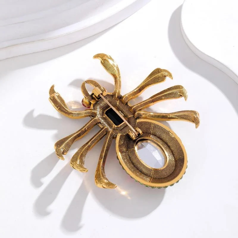 Luxury Big Spider Rhinestone Brooch With Pink Oval Crystal, Elegant Animal Lapel Pin Corsage Gift