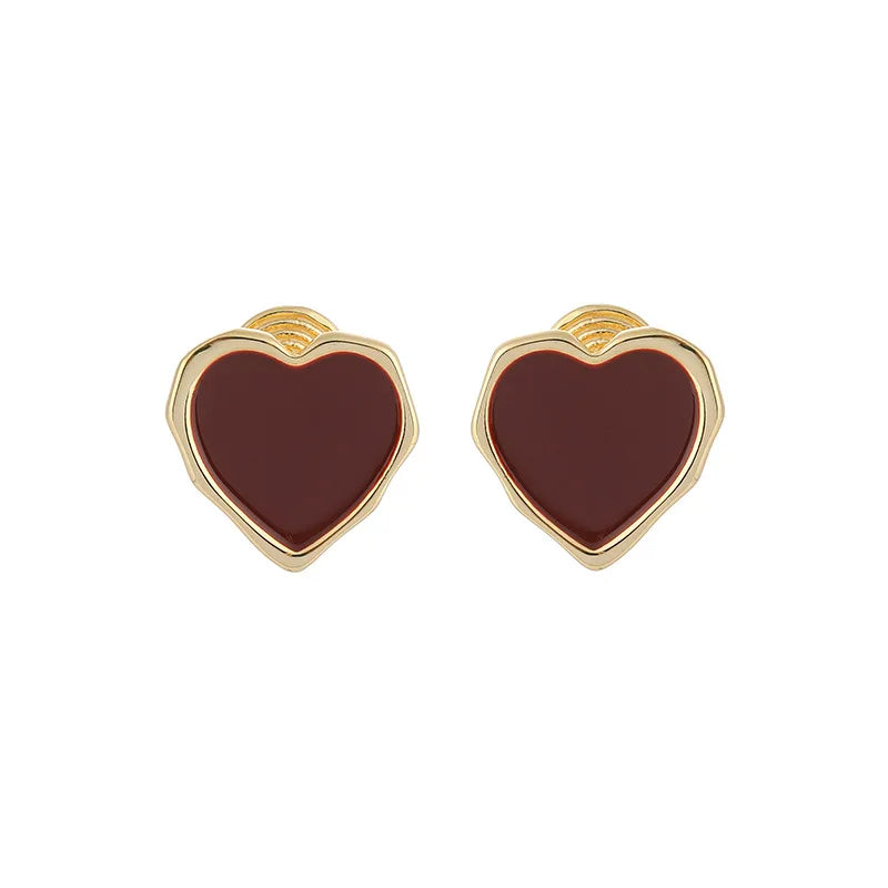 Vintage Red Enamel Heart Alloy Stud & Clip On No Piercing Gold Tone Spiral Clip Sweet Love Earrings