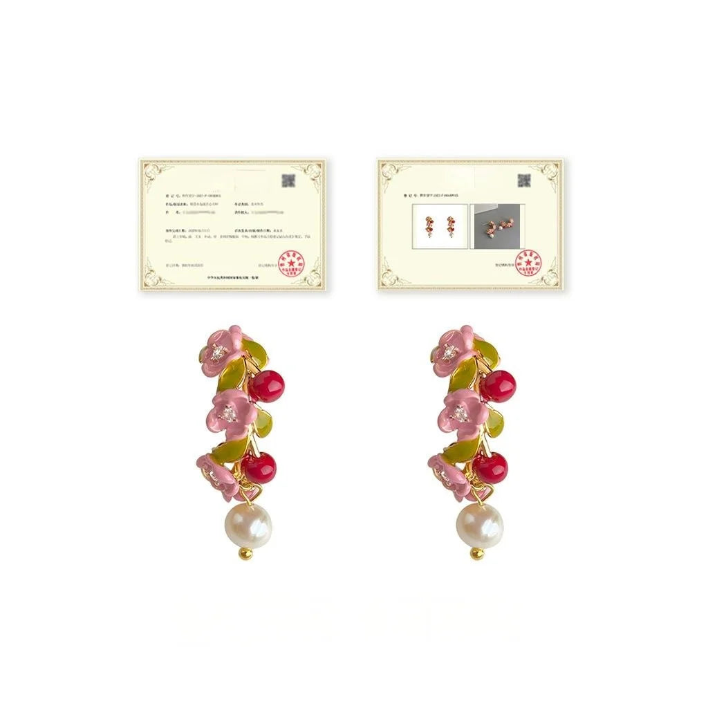 Original Design Floral Enamel Painted Copper Freshwater Pearl Pastoral Drop Earrings for Women