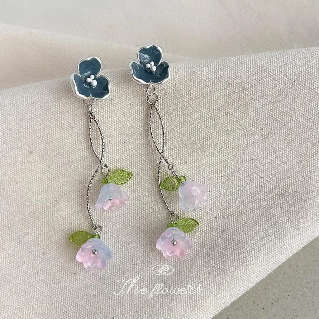 Fresh Forest Style Lily Of The Valley Flower Tassel Stud Earrings Copper Handmade Glass Dangle Jewelry