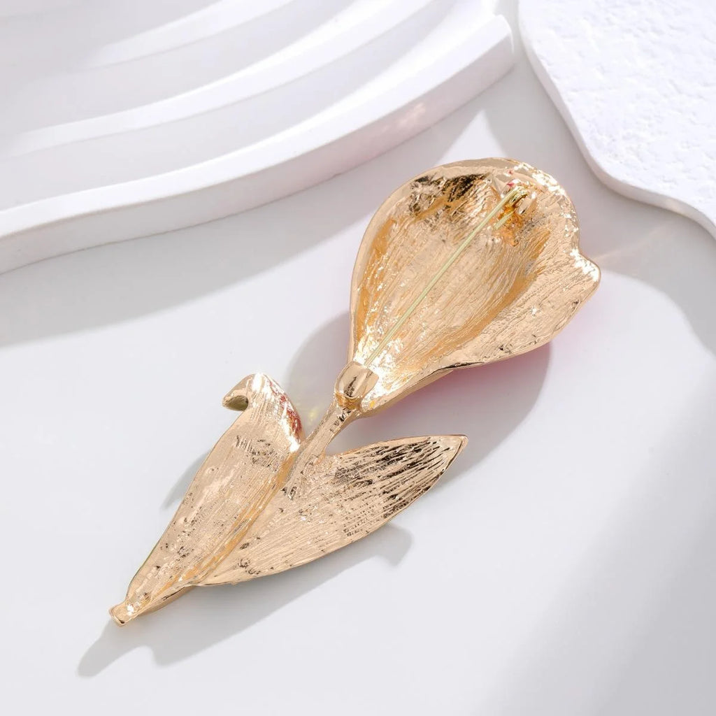 Elegant Yellow Tulip Flower Enamel Alloy Brooch With Green Leaves, Women's Lapel Pin Corsage Gift