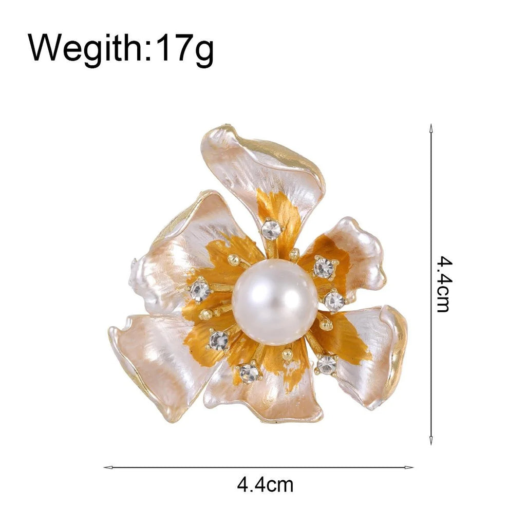 Elegant Enamel Flower Brooch With Pearl Center And Rhinestone Accents, Gold Alloy Lapel Pin Gift