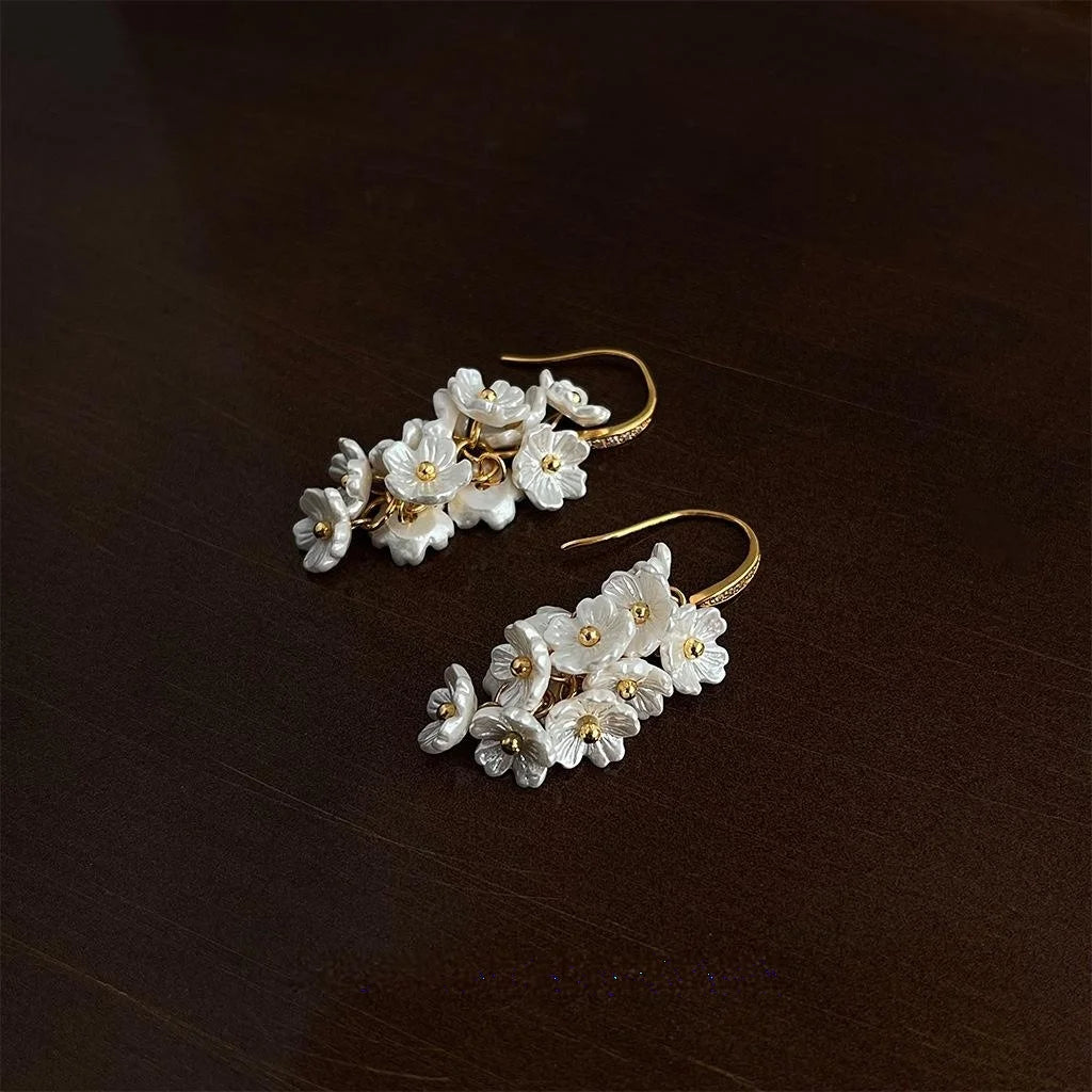 14K Gold Plated Copper Floral Tassel Drop Earrings With Micro Pave Zircon Sweet Handmade Jewelry