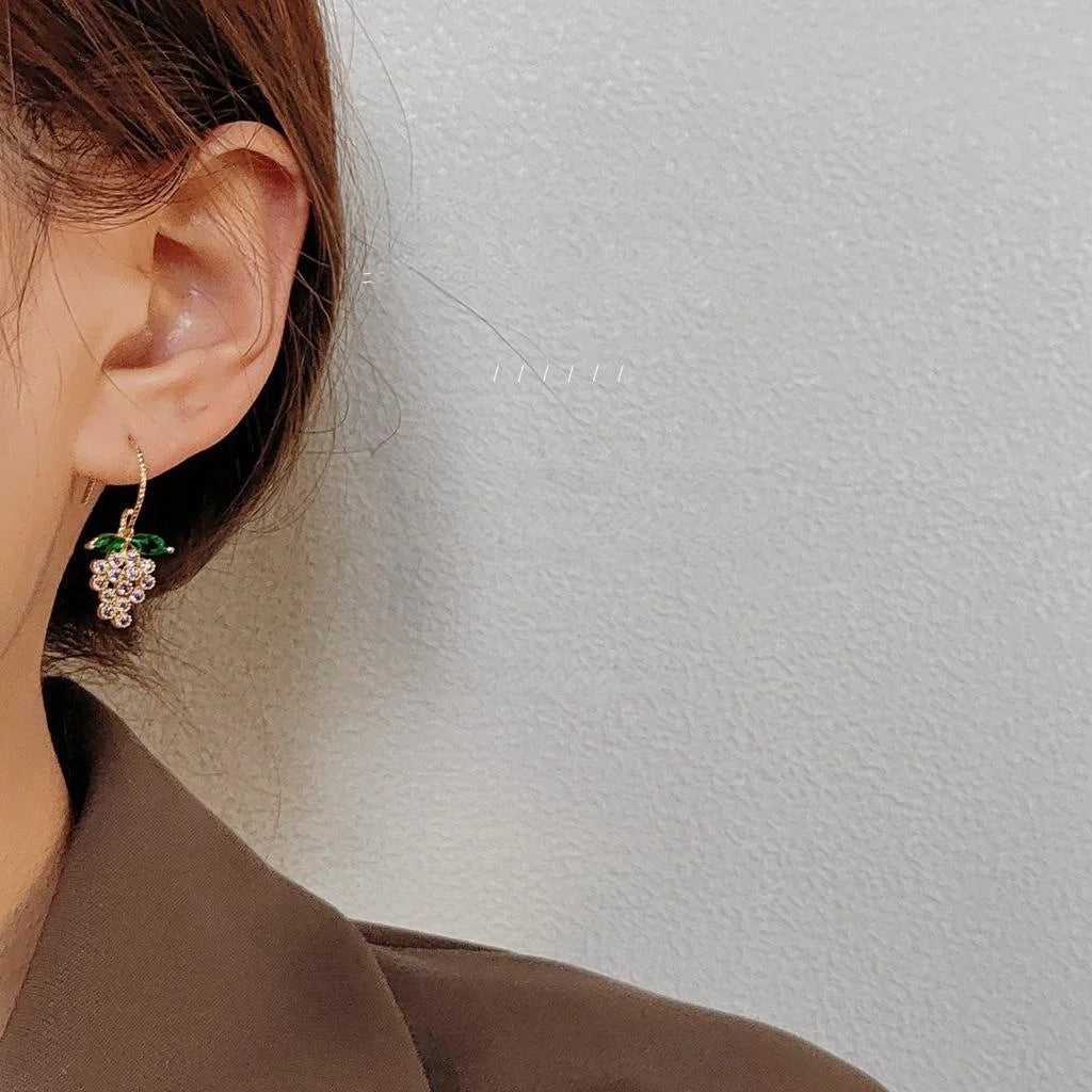 14K Gold Plated Copper Micro Pave Zircon Grape Drop Earrings Cute Korean Forest Style Jewelry