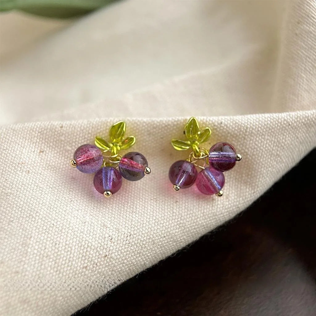 Handmade Purple Grape Cluster Crystal Glass Stud Earrings Sweet Fresh Summer Vacation Style