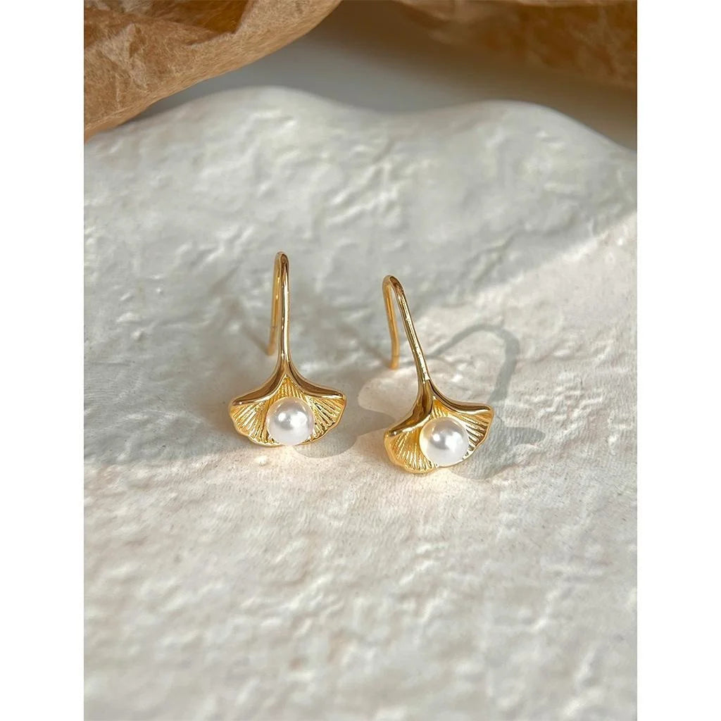 Elegant 14K Plated Copper Ginkgo Leaf Pearl Drop Earrings For Women