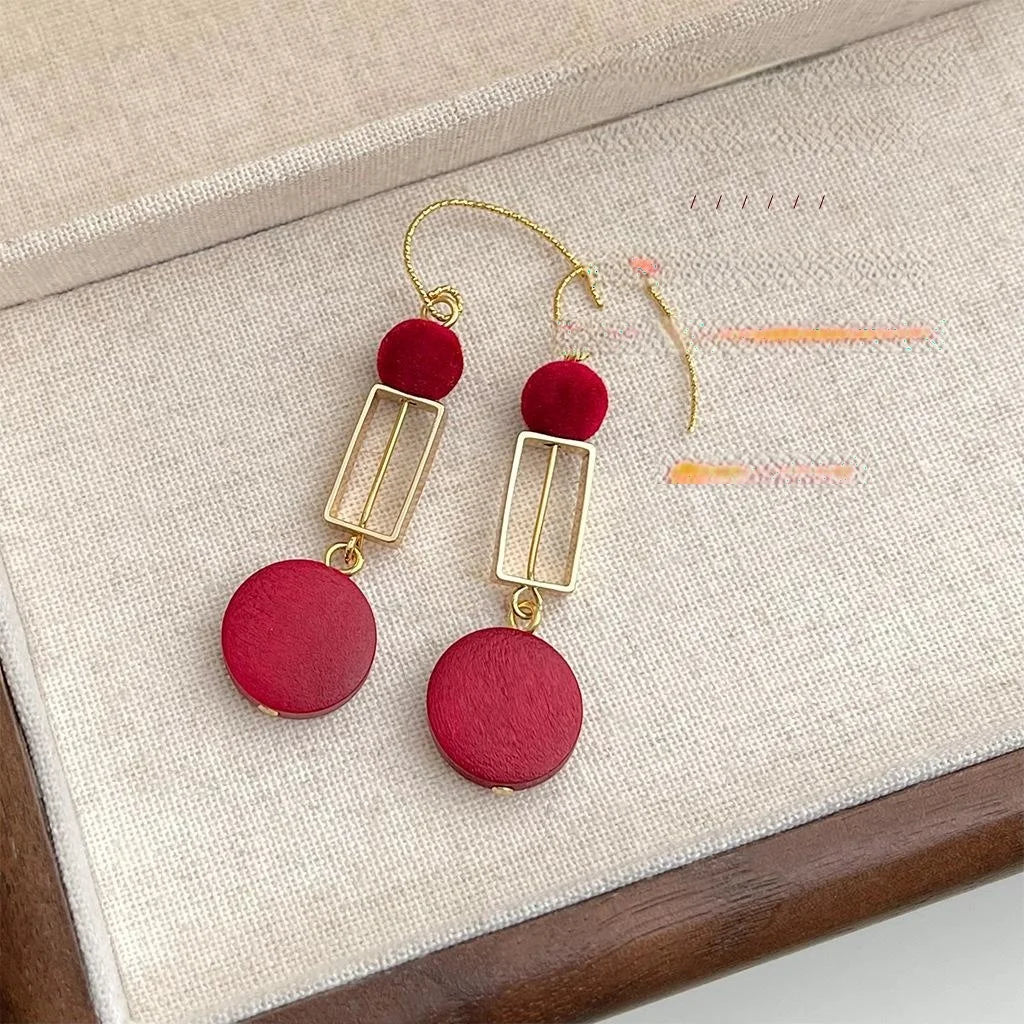 Original Designer Burgundy Flocked Lacquered Wood Geometric Tassel Drop Earrings With Copper Hooks