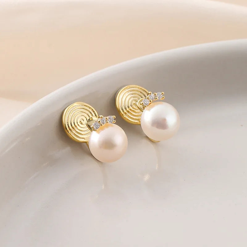 Elegant Round Freshwater Pearl Zircon Stud & Clip On No Piercing Gold Plated Women's Fashion Earrings