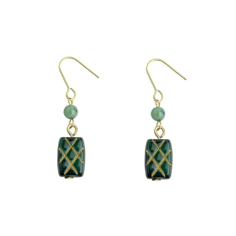 Handmade Czech Glass Drop Earrings Vintage Chinese Style Long Geometric Round Square Jewelry