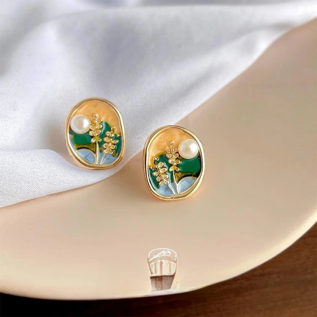 14K Gold Plated Copper Freshwater Pearl Stud Earrings French Vintage Irregular Floral Wheat