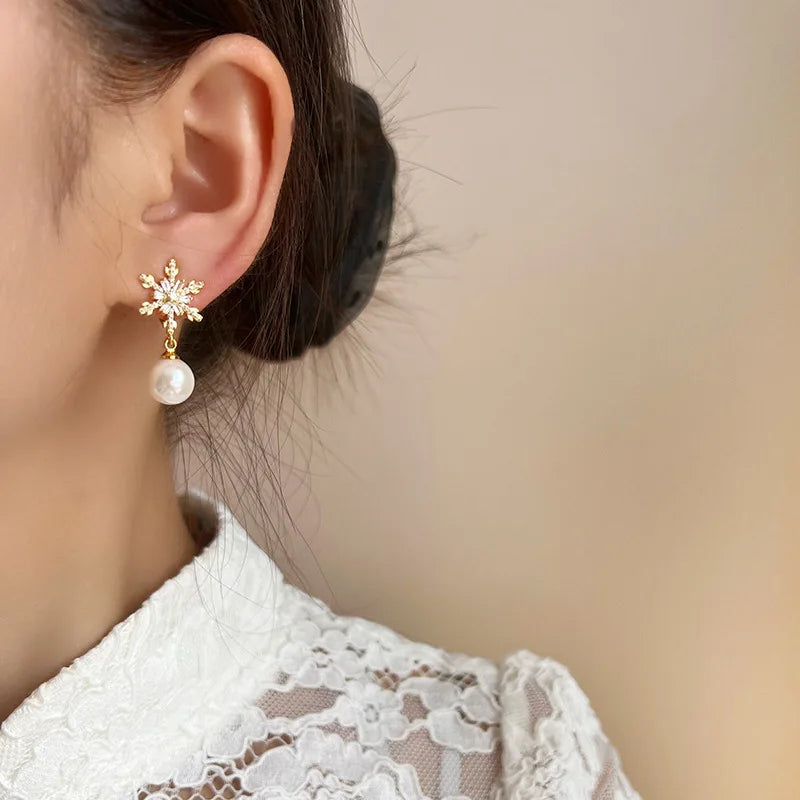 Luxury Snowflake Zircon Starburst Pearl Drop Gold Alloy Stud & Clip On No Piercing Earrings