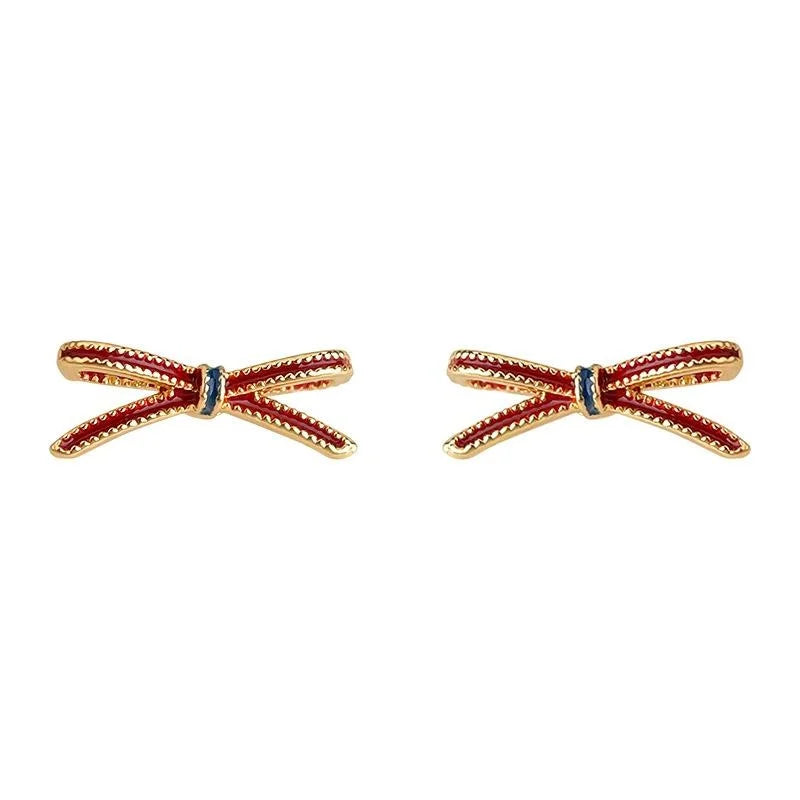 Light Luxury Burgundy Bow Stud Earrings, Copper Enamel Mini Silver Plated Pin Jewelry