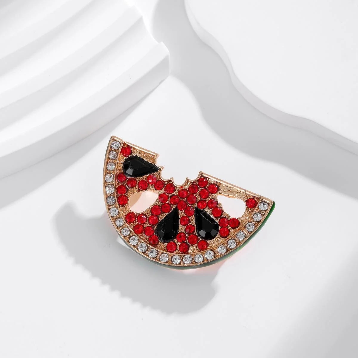 Luxury Alloy Enamel Watermelon Slice Brooch With Rhinestone Zircon, Women's Lapel Pin Corsage Suit Accessory