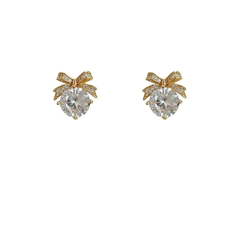 Elegant Bow Zircon Micro Pave Copper Stud Earrings For Women, Light Luxury Commuter Jewelry