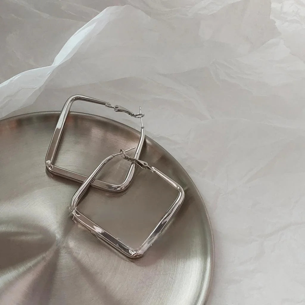 Exaggerated Silver Plated Copper Square Hollow Hoop Earrings For Women Trendy Geometric Jewelry