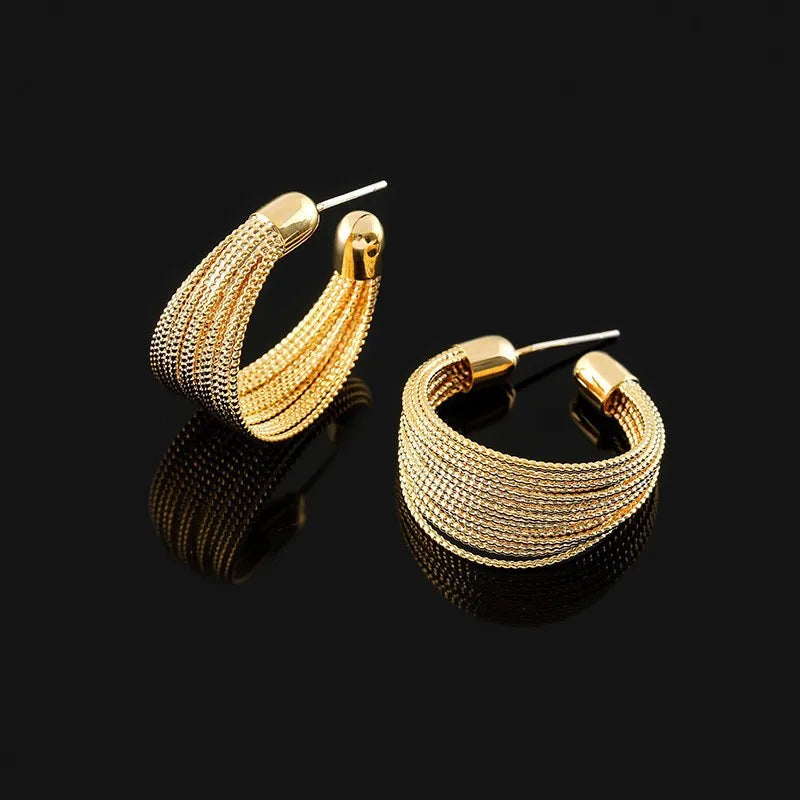 Elegant Gold Alloy Multi Layer Spiral Hoop Stud & Clip On No Piercing Chain Tassel Huggie Earrings