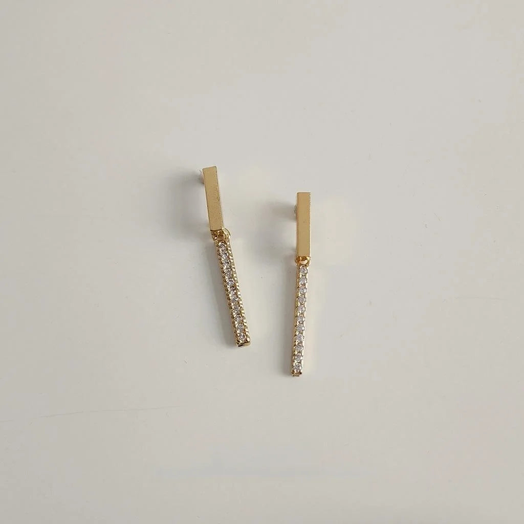Elegant Minimalist Micro Pave Zircon 14K Plated Geometric Long Bar Stud Earrings
