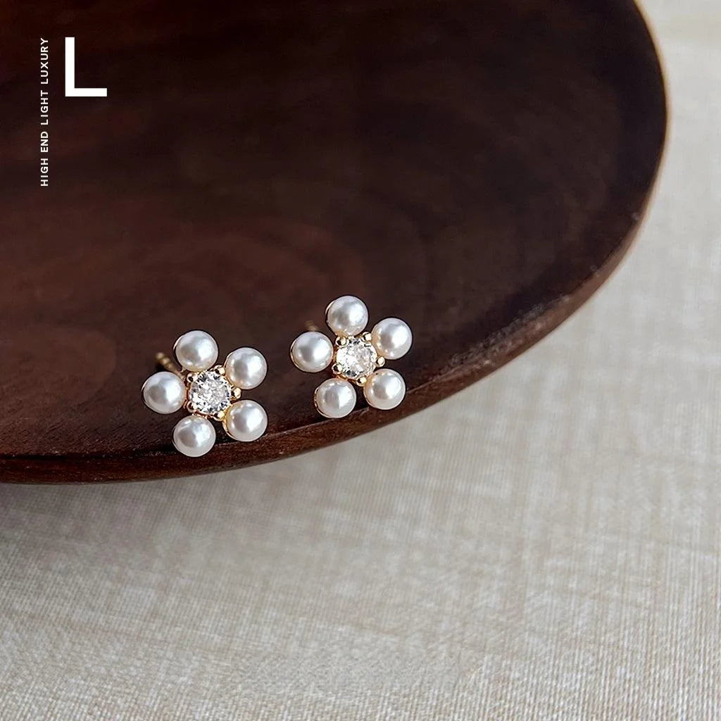 French Vintage Sunflower Pearl Stud Earrings With Micro Pave Zircon, Elegant Floral Silver Plated Pins