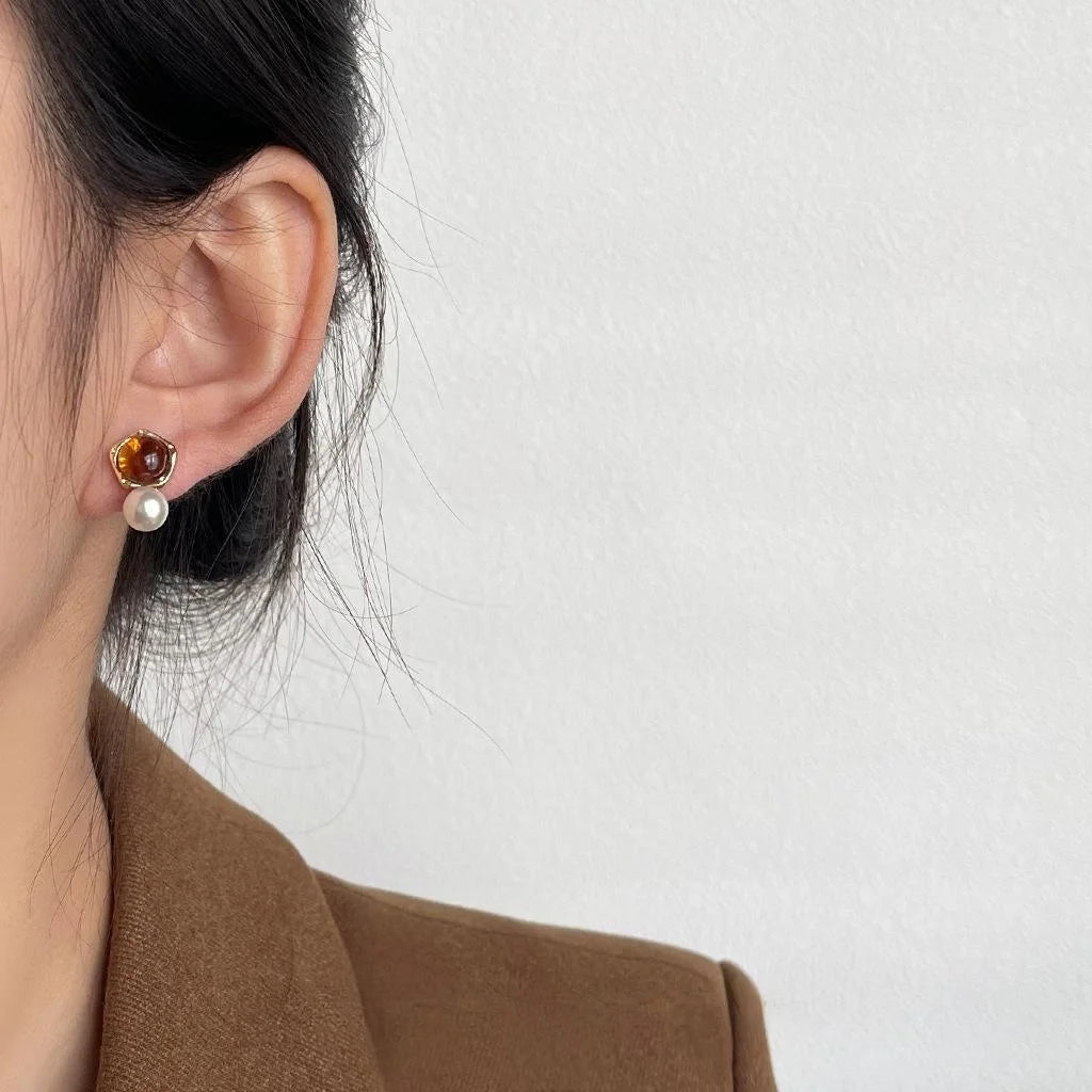 Maillard Amber Copper Pearl Drop Earrings Irregular Geometric French Elegant Commuter Jewelry