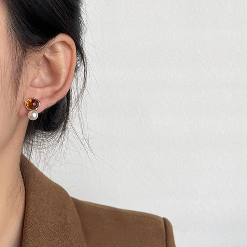 Maillard Amber Copper Pearl Drop Earrings Irregular Geometric French Elegant Commuter Jewelry
