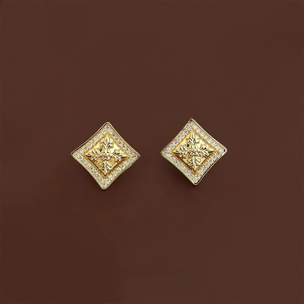 High-End Iris Flower Geometric Square Micro Pave Zircon Copper Stud Earrings With Silver Plated Pins