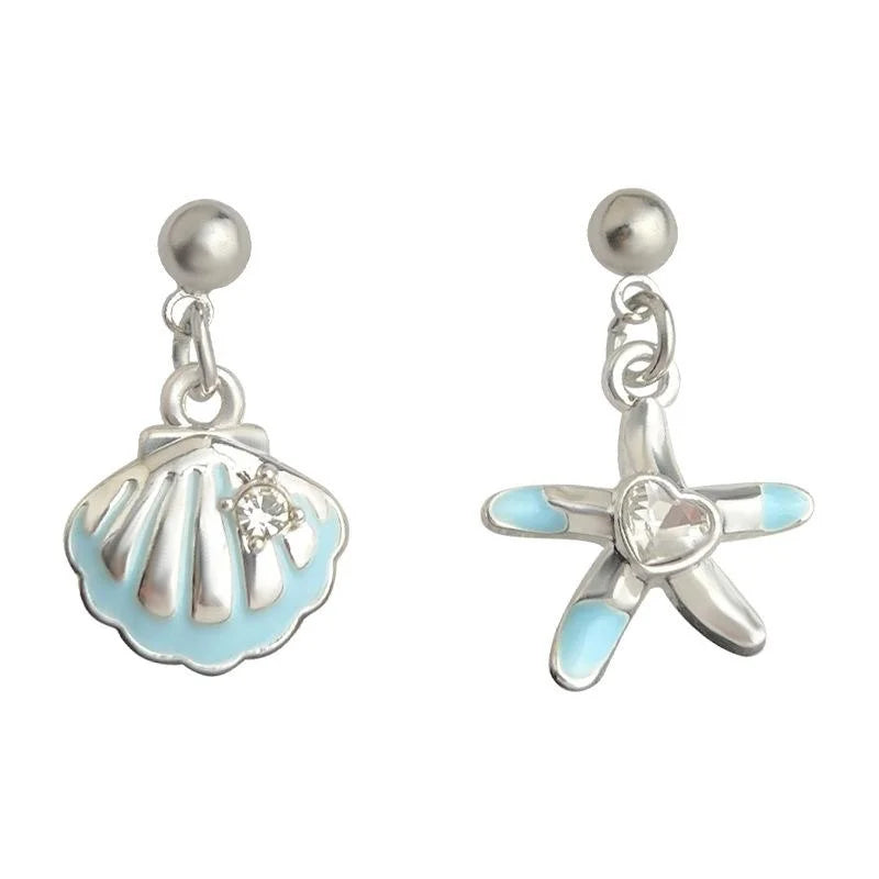Summer Asymmetric Copper Shell Star Drop Earrings For Women, Sweet Cute Seaside Mini Jewelry